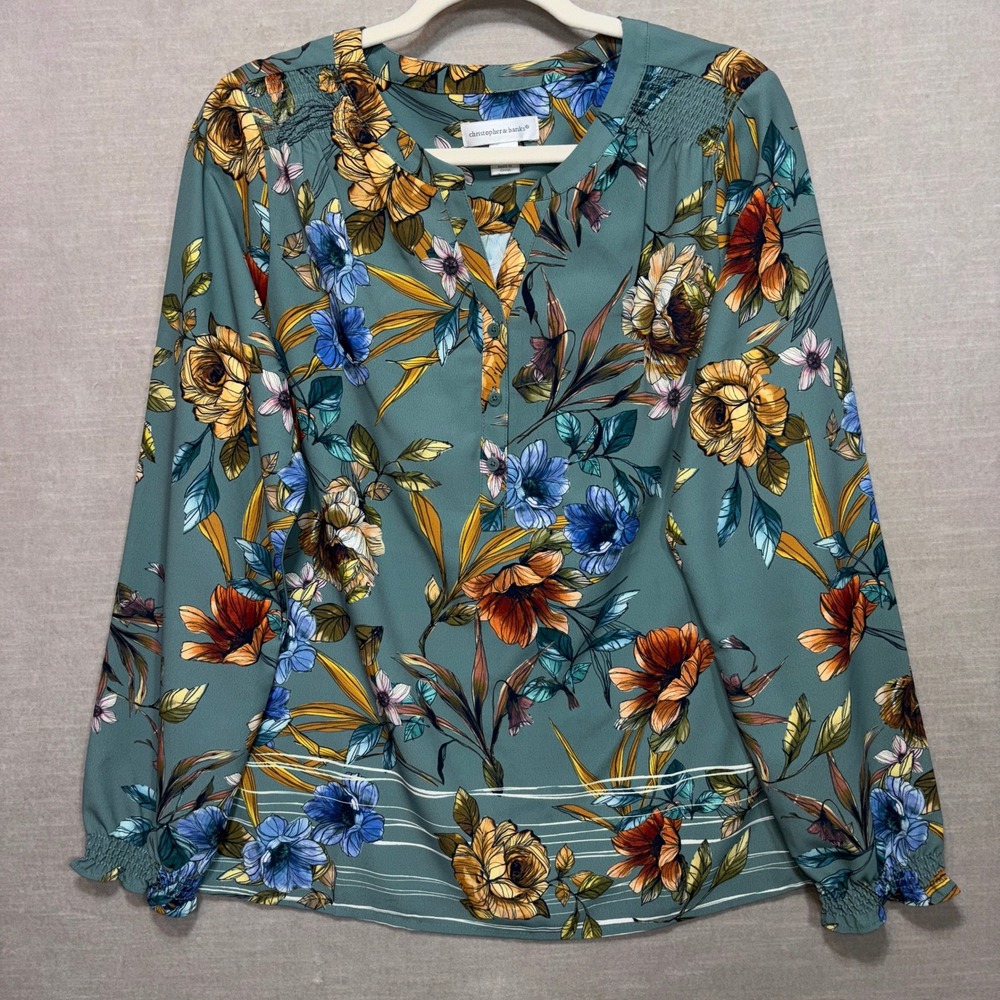 Christopher Banks Green Floral Smocked Blouse M Long Sleeve Artsy Statement Chic